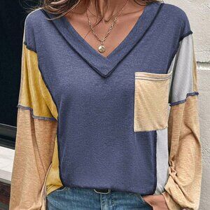 B332  Sail Blue Exposed Stitching Colorblock V Neck Long Sleeve Top